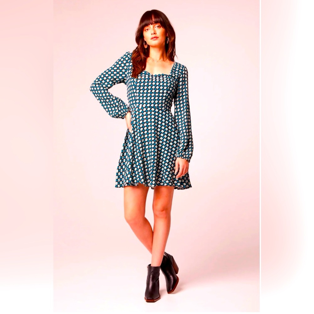 Band of the Free GENEVIEVE TEAL DIAMOND LONG SLEEVE MINI DRESS NWT